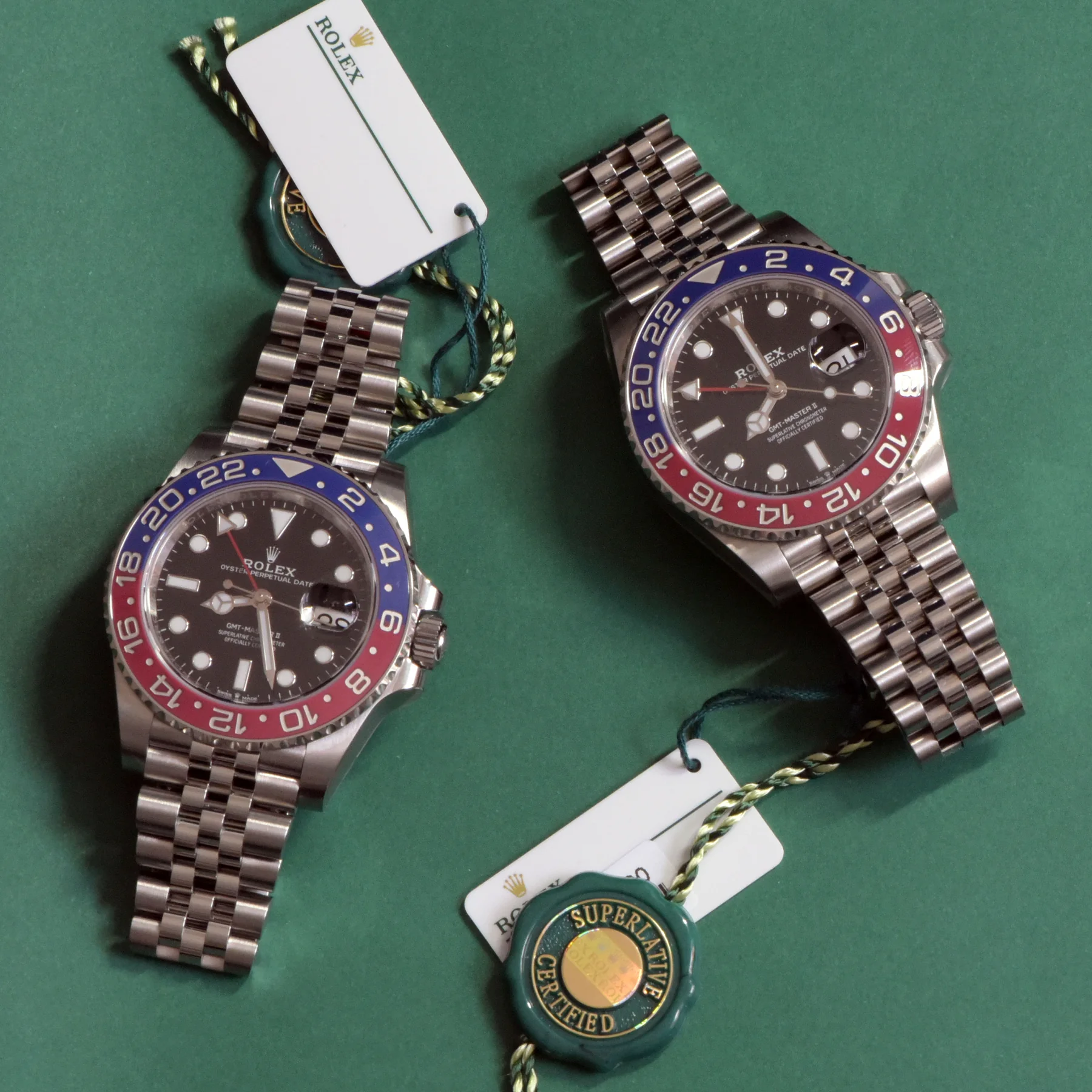 A pair of Rolex GMT-Master II watches available at Keeble London