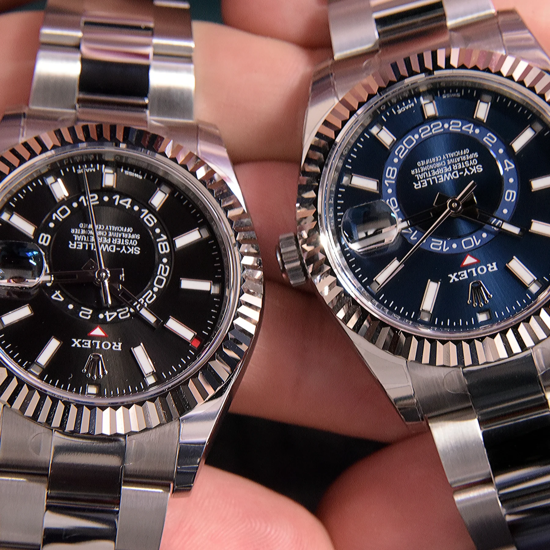 A pair of Rolex Sky-Dweller watches available at Keeble London