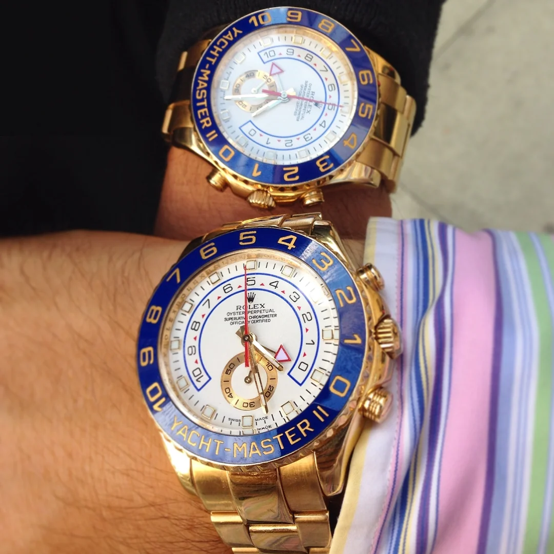 A pair of Rolex Yacht-Master II watches worn on the wrist