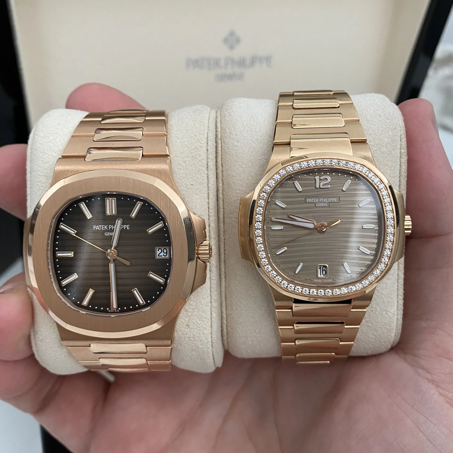 A pair of Patek Philippe Nautilus watches in rose gold